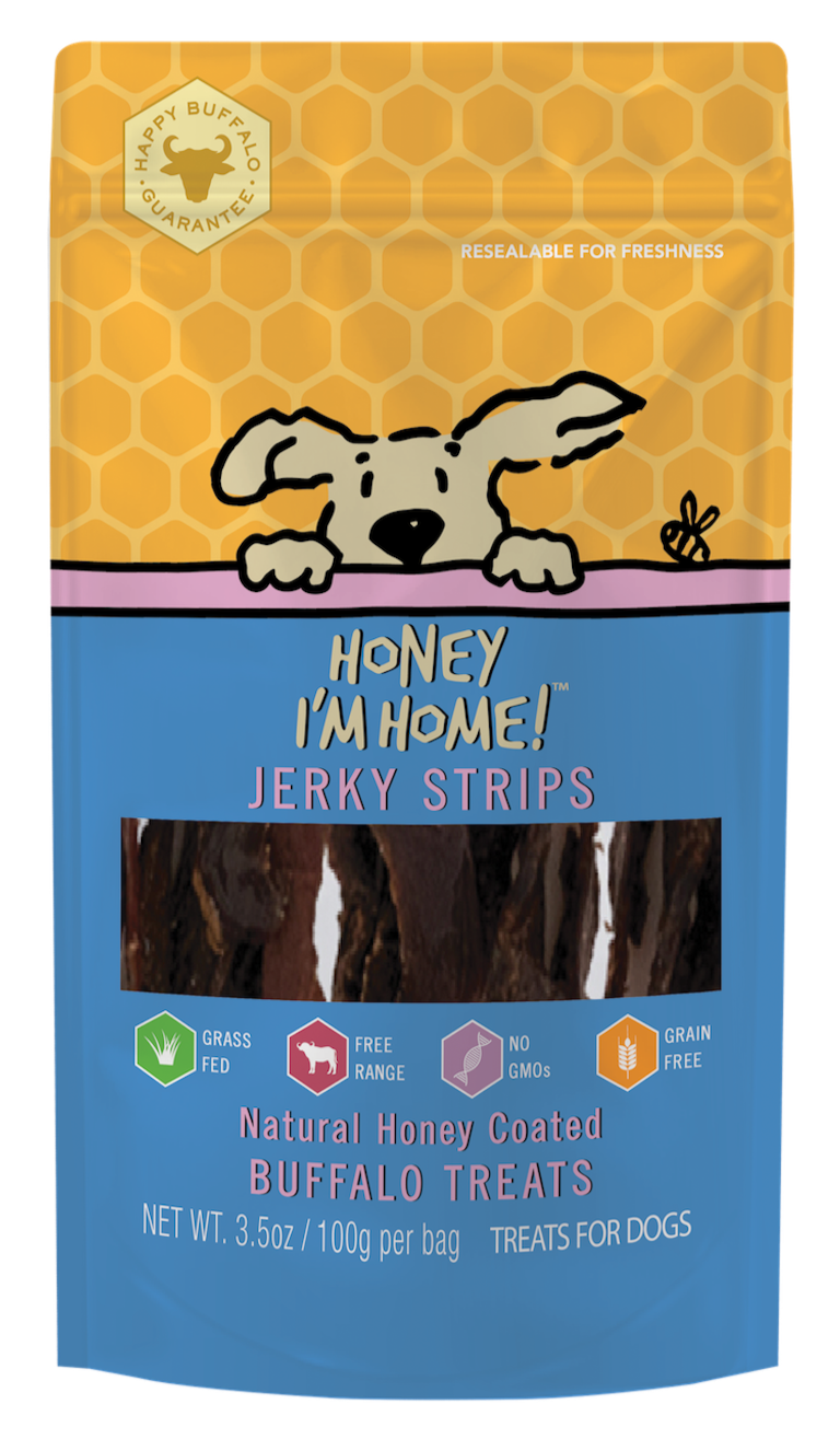 water buffalo jerky strips in 3.5 oz yellow and blue pkg. helps reduce tartar, maintain teeth & gums
