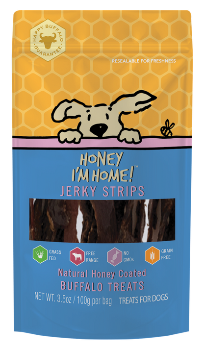 water buffalo jerky strips in 3.5 oz yellow and blue pkg. helps reduce tartar, maintain teeth & gums
