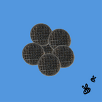 6 liver recipe mini wafers arranged like a daisy on a bright blue background 2 bees bottom right