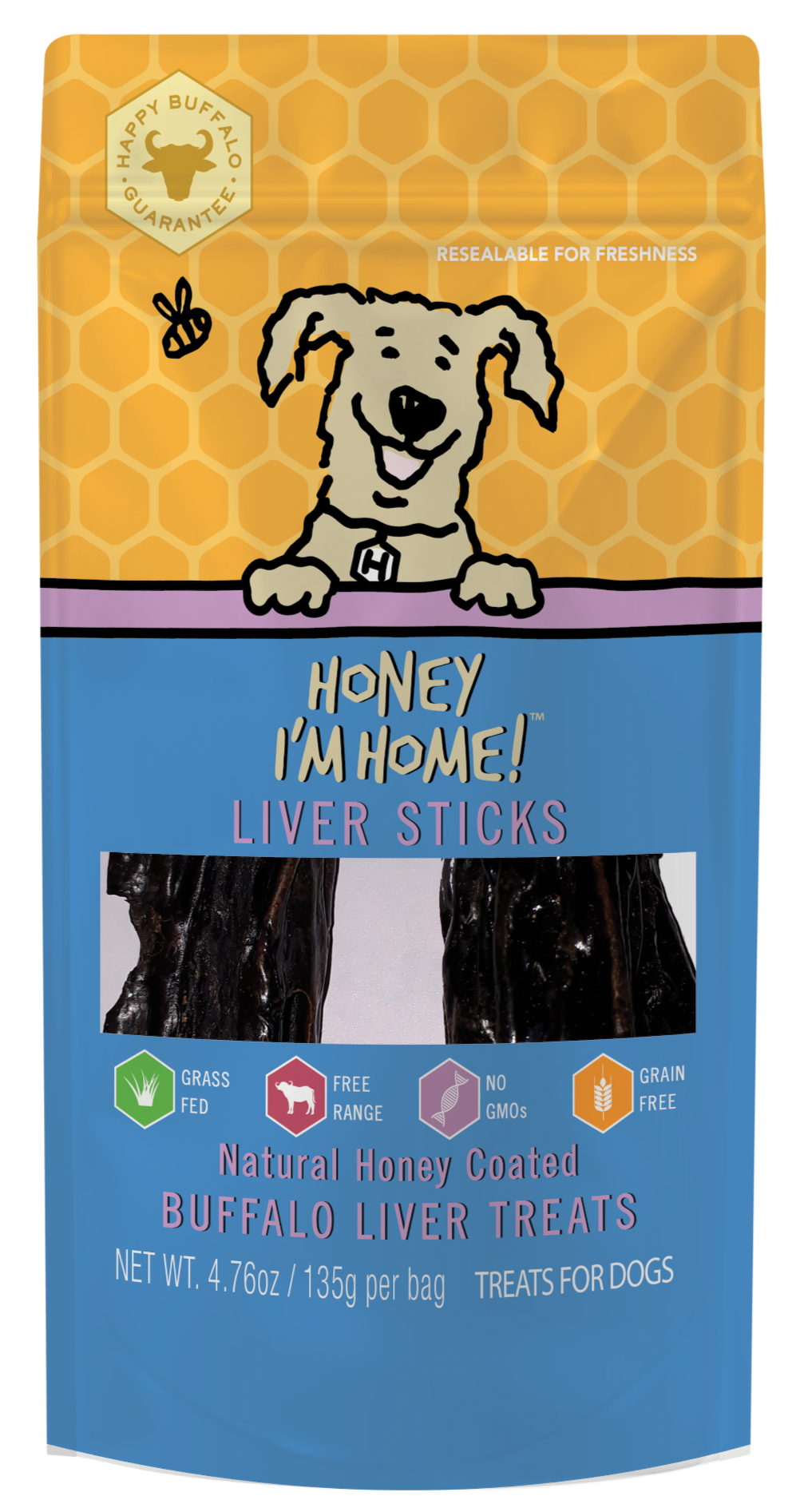 3.5 oz. (approx.) yellow & blue pkg. of liver sticks with clear window showing treats