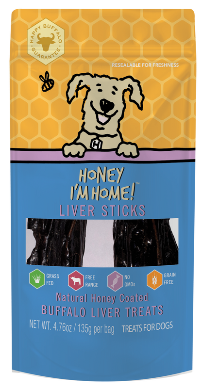 3.5 oz. (approx.) yellow & blue pkg. of liver sticks with clear window showing treats