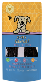 3.5 oz. (approx.) yellow & blue pkg. of liver sticks with clear window showing treats