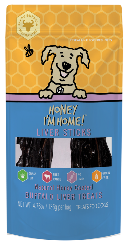 3.5 oz. (approx.) yellow & blue pkg. of liver sticks with clear window showing treats
