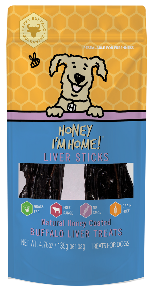 3.5 oz. (approx.) yellow & blue pkg. of liver sticks with clear window showing treats