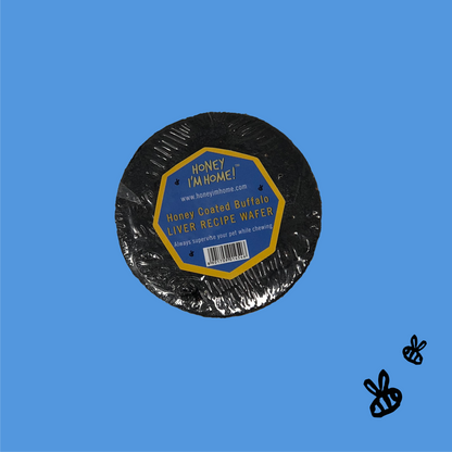 one buffalo liver recipe wafer dog treat. blue background. two cartoon black bees, bottom right.