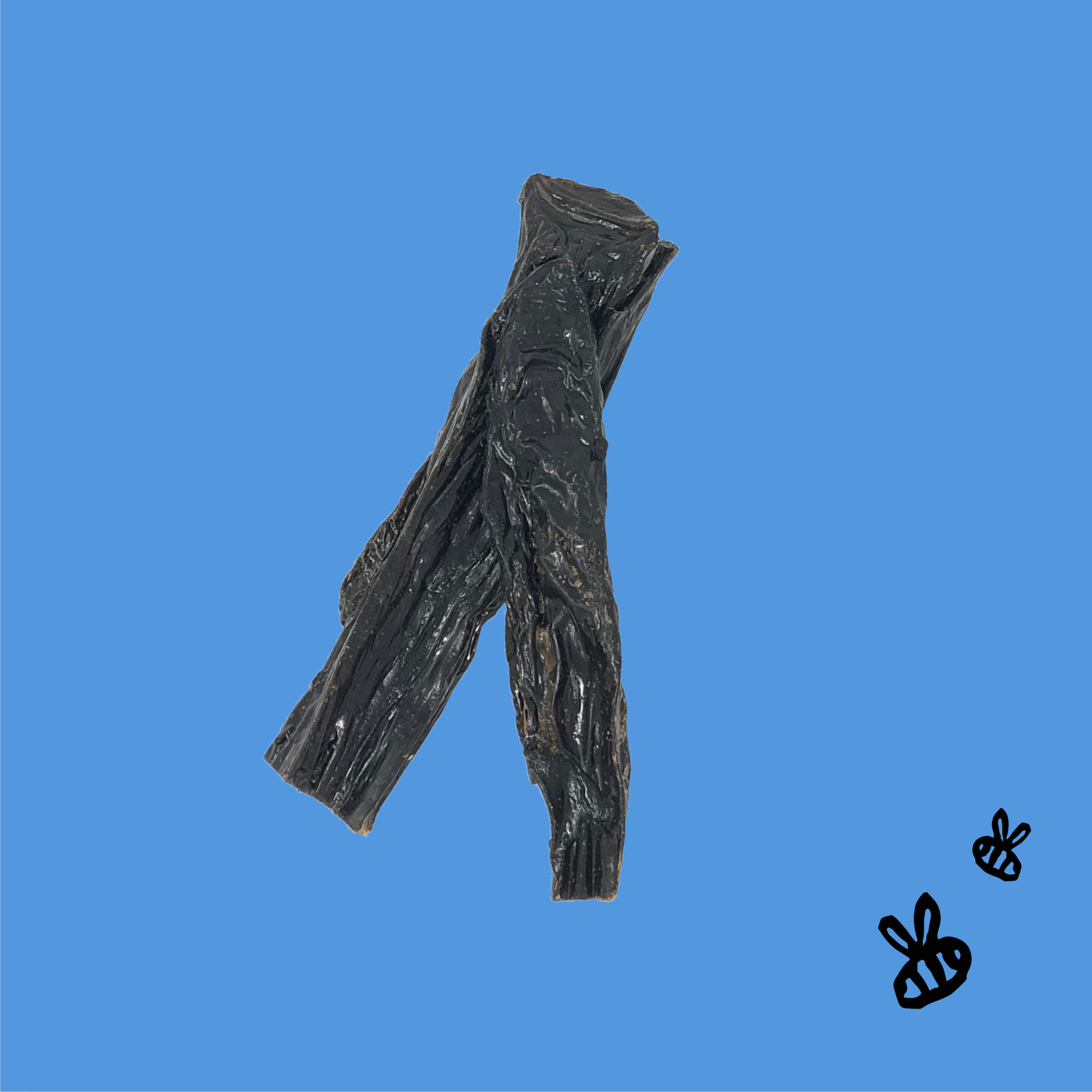 two buffalo liver sticks on a bright blue background. 2 black bees in bottom right corner