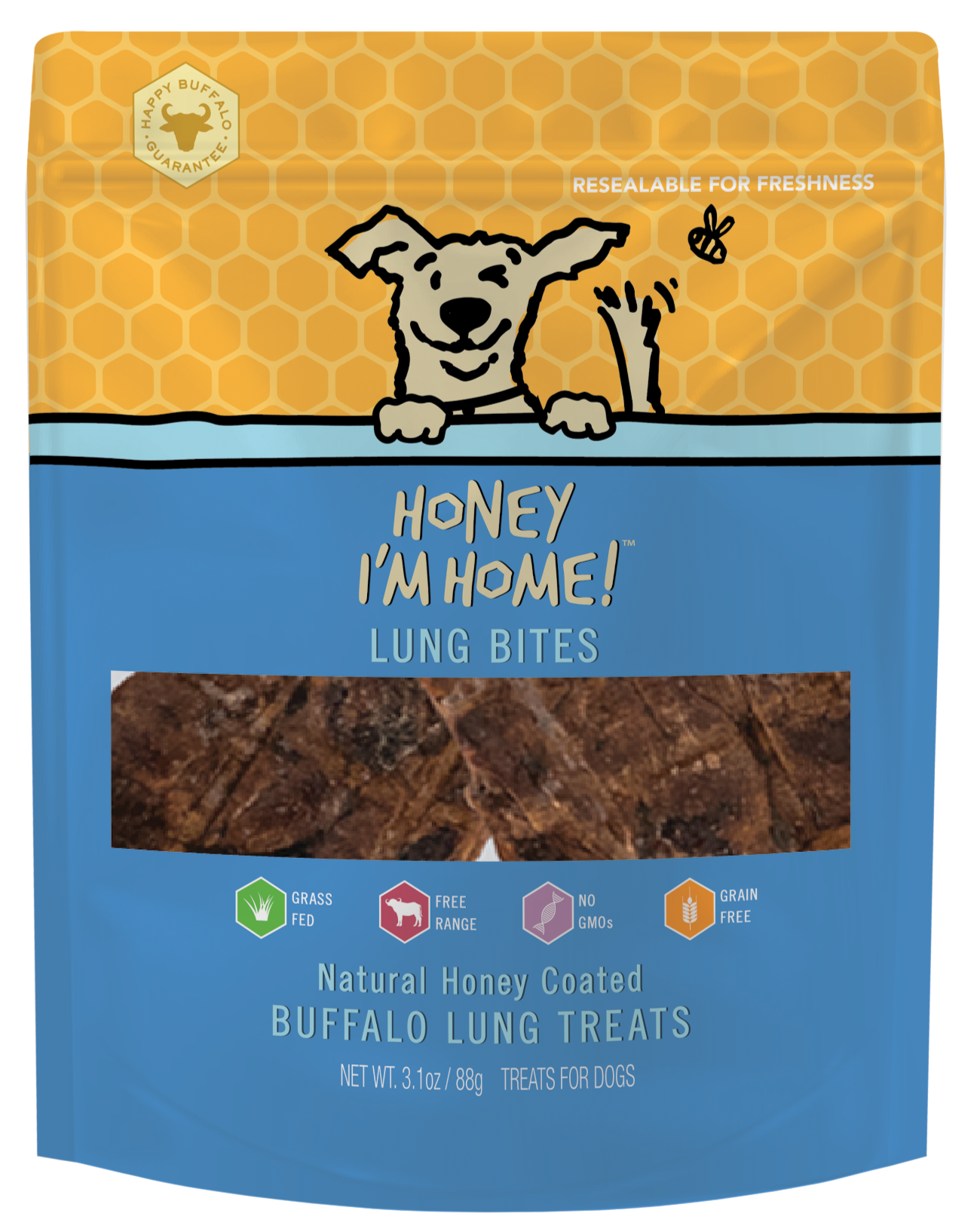 blue and yellow package, clear window shows lung bites, 3.1 oz.