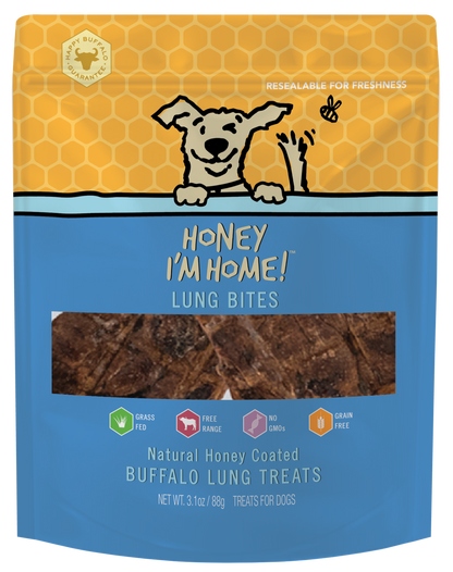 blue and yellow package, clear window shows lung bites, 3.1 oz.