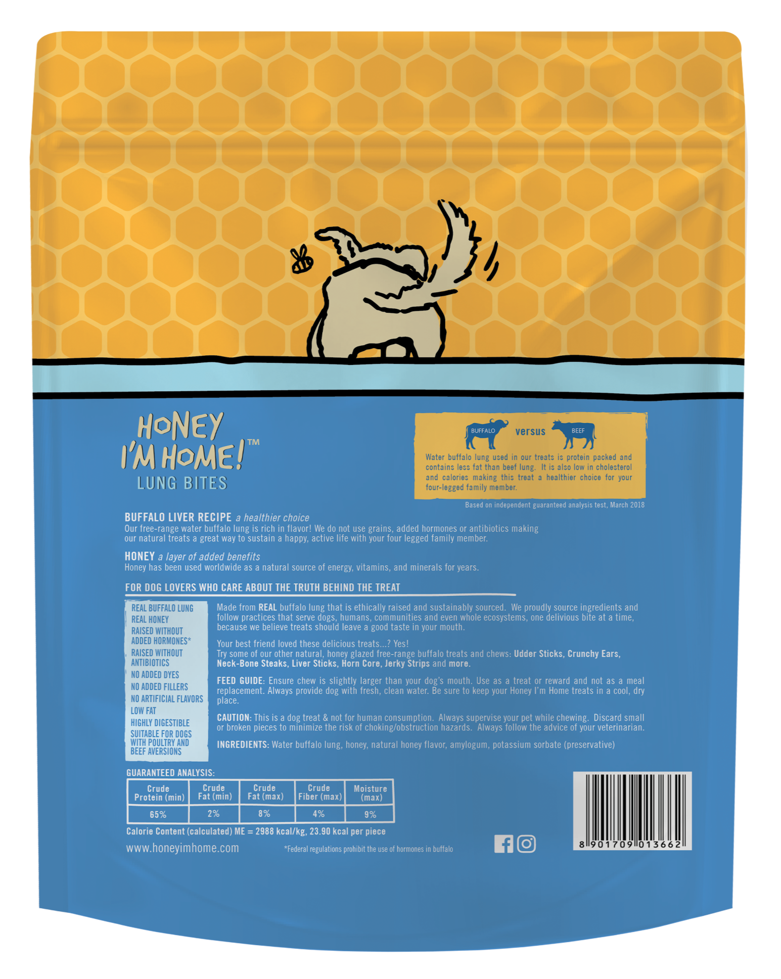 back of bright yellow and blue 13 oz pkg of buffalo lung bites for dogs