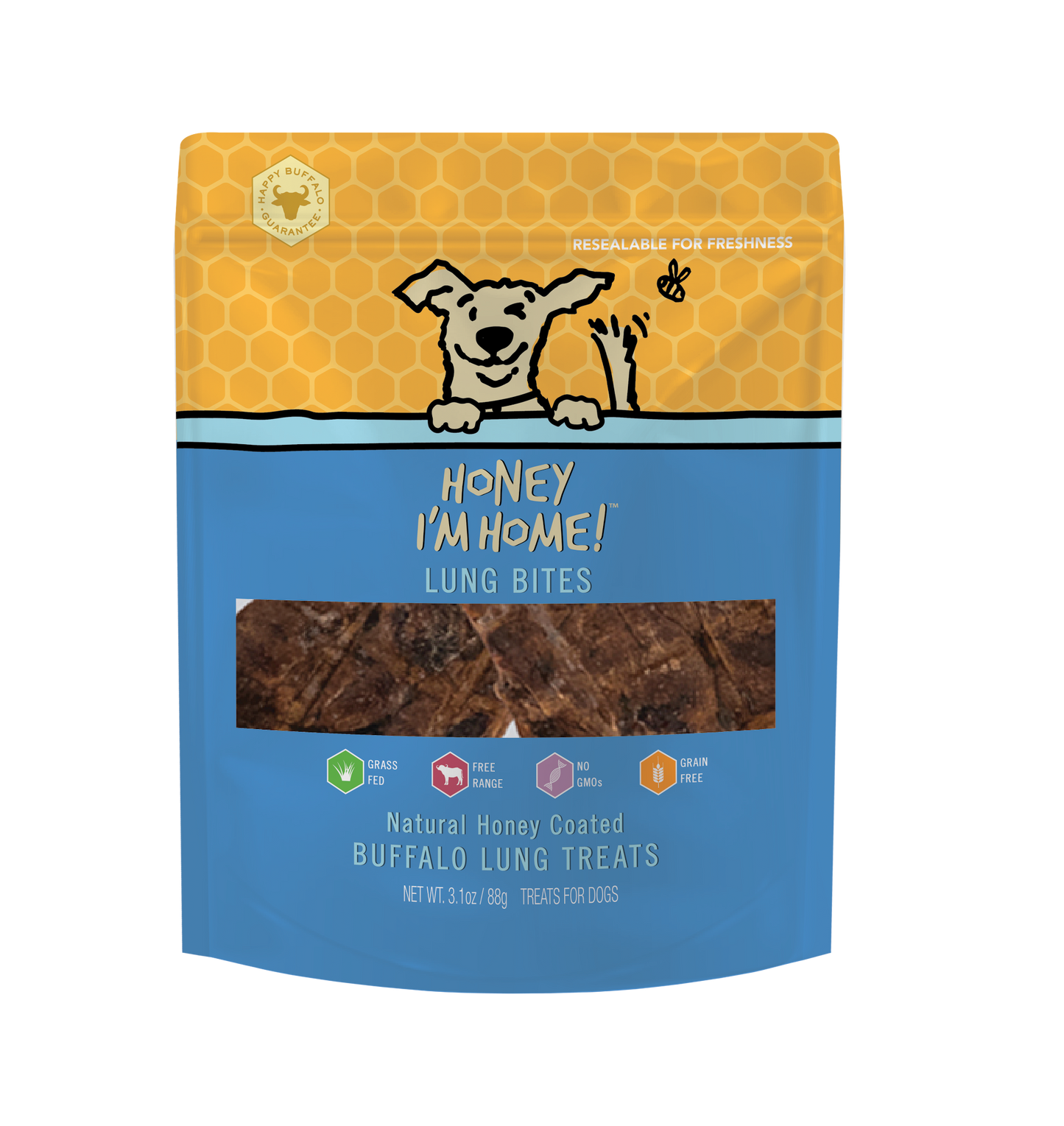 yellow and blue pkg. of honey coated buffalo lung bites 3.1 oz
