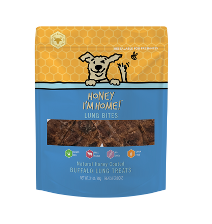 yellow and blue pkg. of honey coated buffalo lung bites 3.1 oz