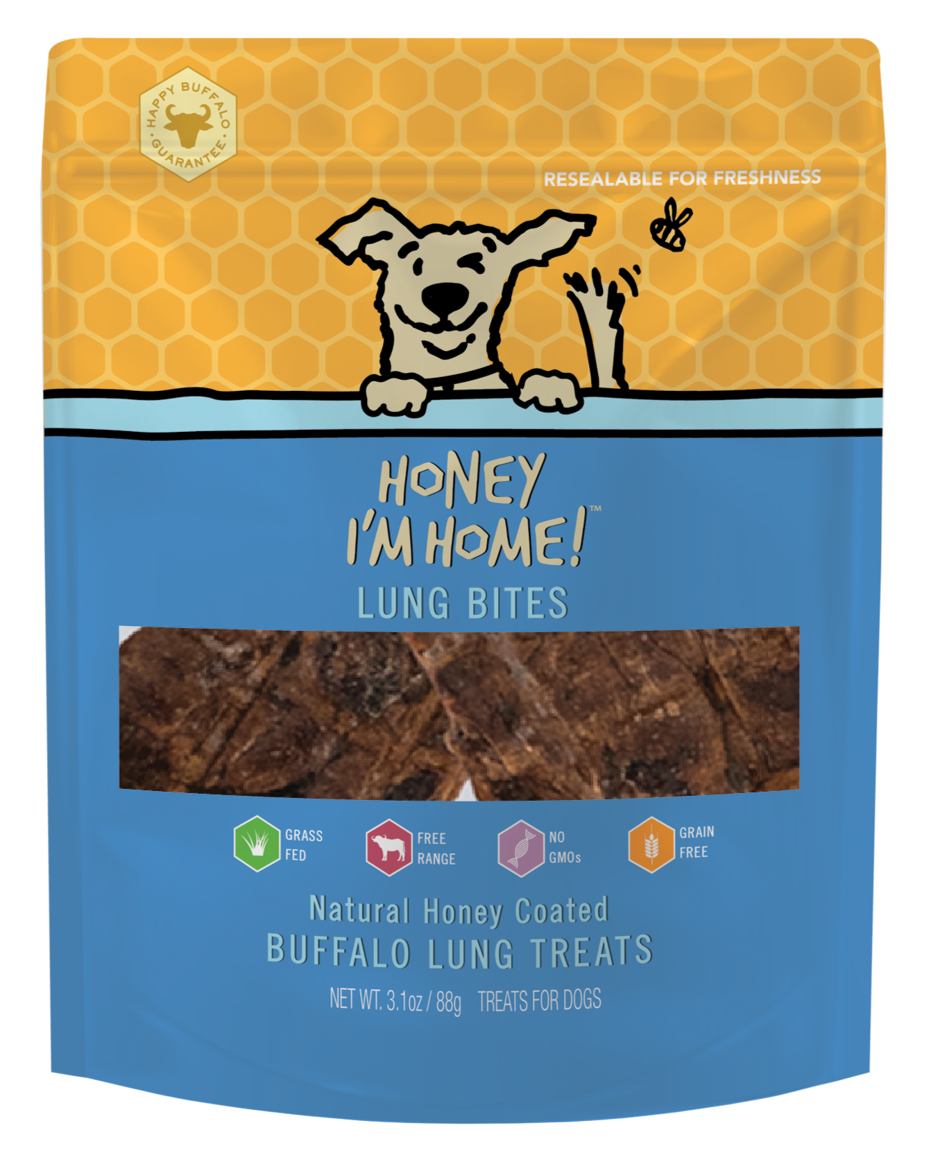 yellow and blue pkg. natural honey coated buffalo lung bites (3.1 oz)