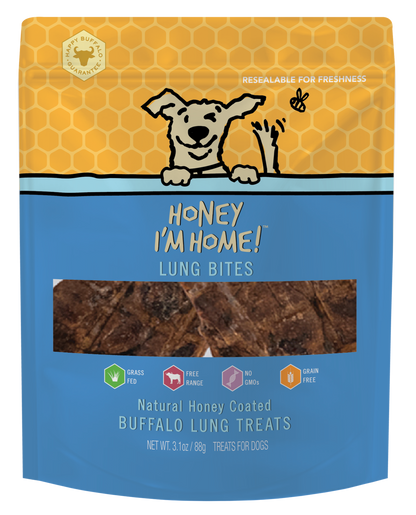 yellow and blue pkg. natural honey coated buffalo lung bites (3.1 oz)