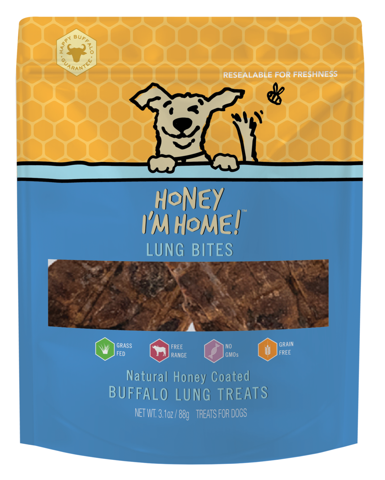 yellow and blue pkg buffalo lung bites (approx. 3.1 oz) flavorable and irresitible, for adult dogs.