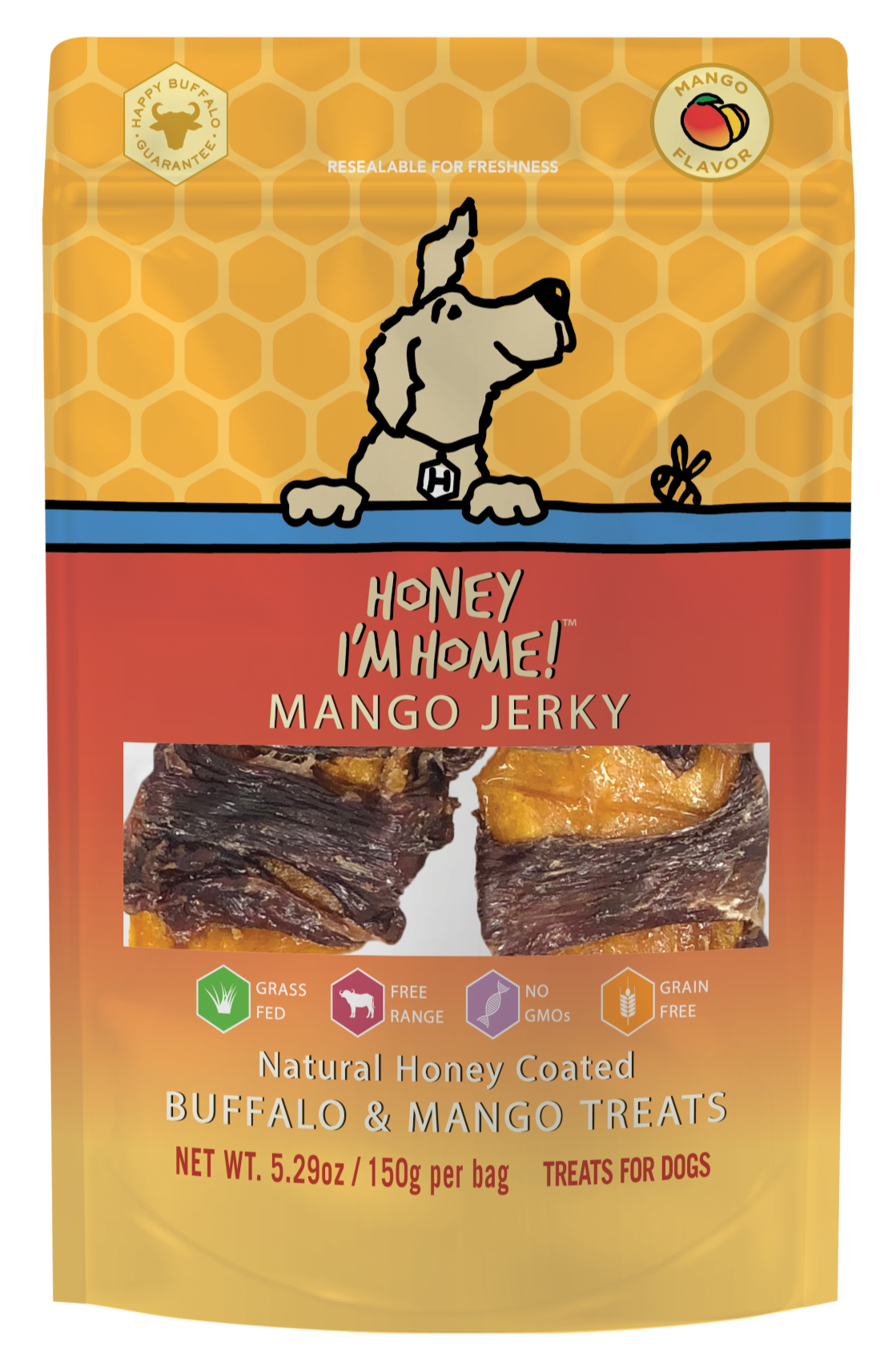 mango wrapped water buffalo jerky dog treats in 5.2 oz. yellow and red pkg.