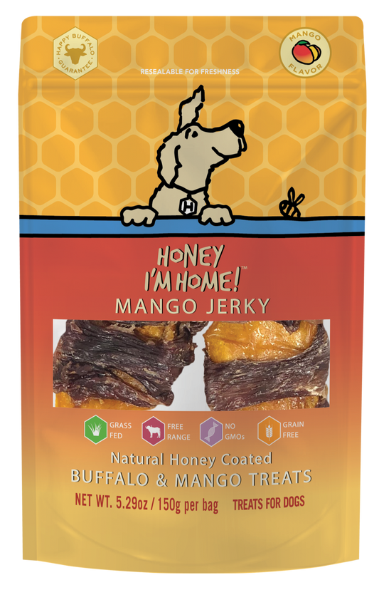 mango wrapped water buffalo jerky dog treats in 5.2 oz. yellow and red pkg.