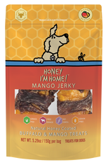 mango wrapped water buffalo jerky dog treats in 5.2 oz. yellow and red pkg.