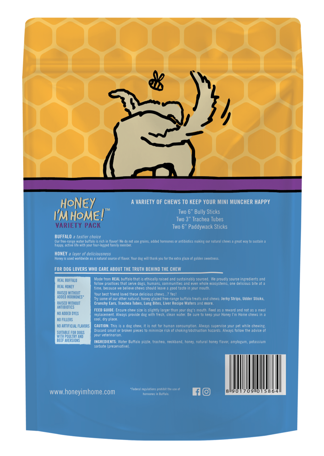 back of package, yellow top, blue bottom, shows ingredients and benefits