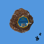 honey coated buffalo bladder disc, blue label with gold outline, two black bees, bottom right