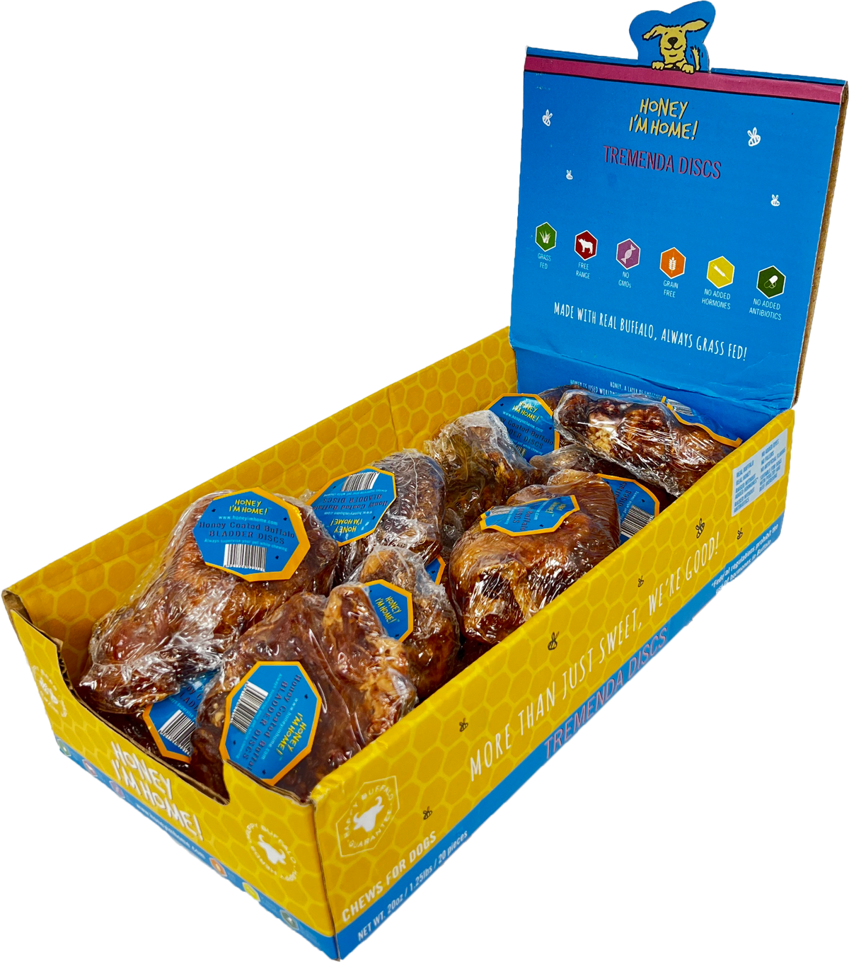 right view, bulk box, blue top, yellow bottom, Tremenda Disc puffs for dogs. 20 pcs. 2" - 4" diam.