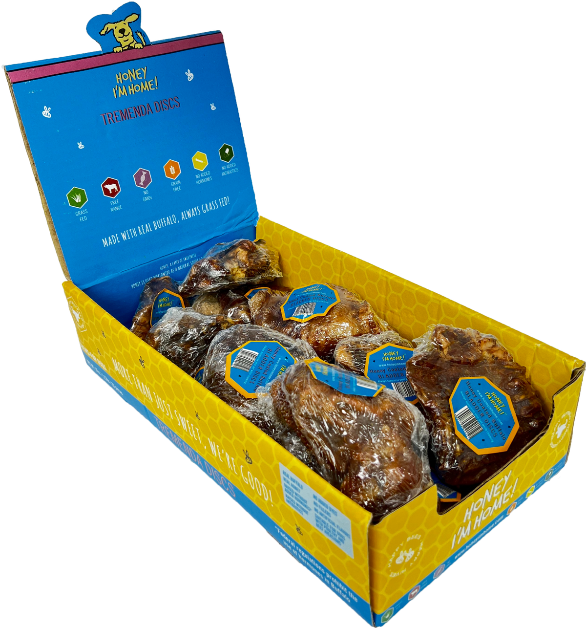 left view, bulk box, blue top, yellow bottom, Tremenda Disc puffs for dogs. 20 pcs. 2" - 4" diam.