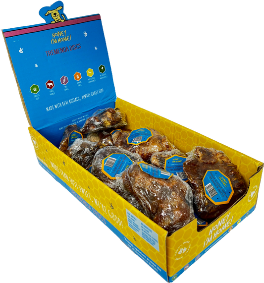 left view, bulk box, blue top, yellow bottom, Tremenda Disc puffs for dogs. 20 pcs. 2" - 4" diam.