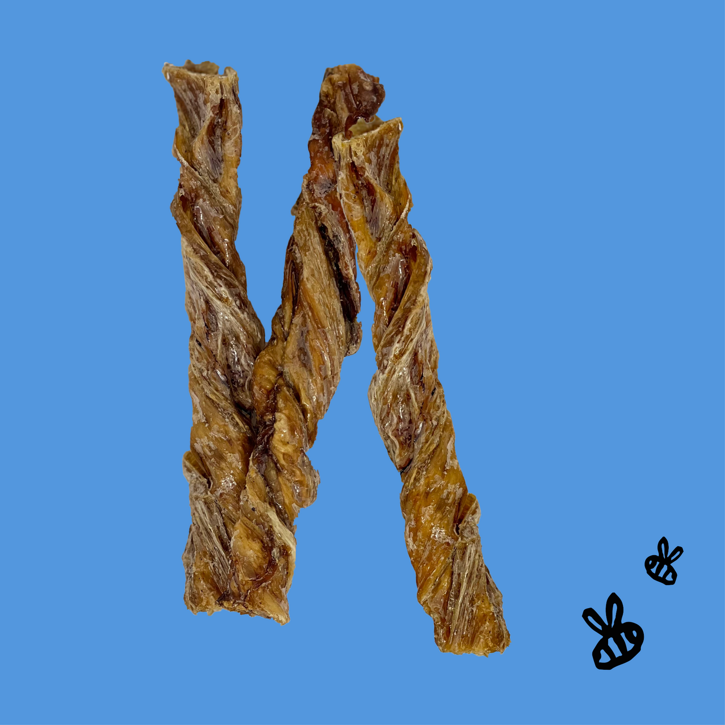 three buffalo tremena sticks on a bright blue background. drawing of two bees, bottom right