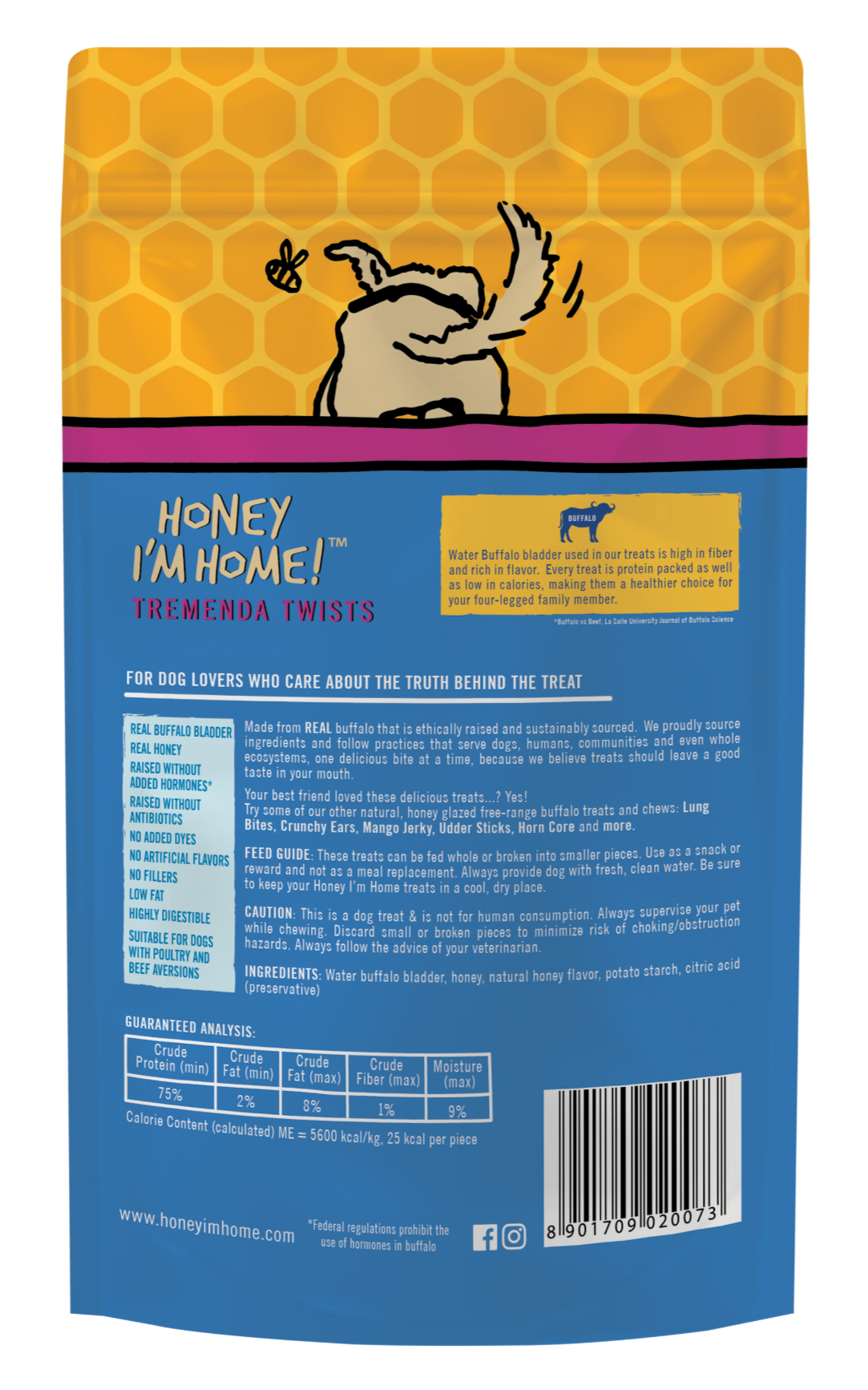 back, bright yellow blue 2.7 oz pkg. buffalo tremenda sticks. ingredients on right, benefits on left