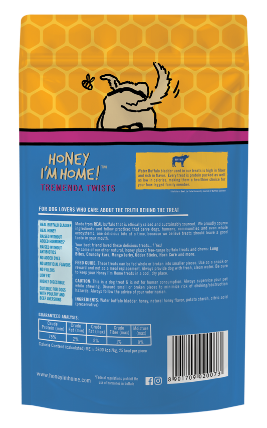 back, bright yellow blue 2.7 oz pkg. buffalo tremenda sticks. ingredients on right, benefits on left
