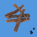 5 buffalo tripe sticks for dogs on a bright blue background with two black bees on bottom right