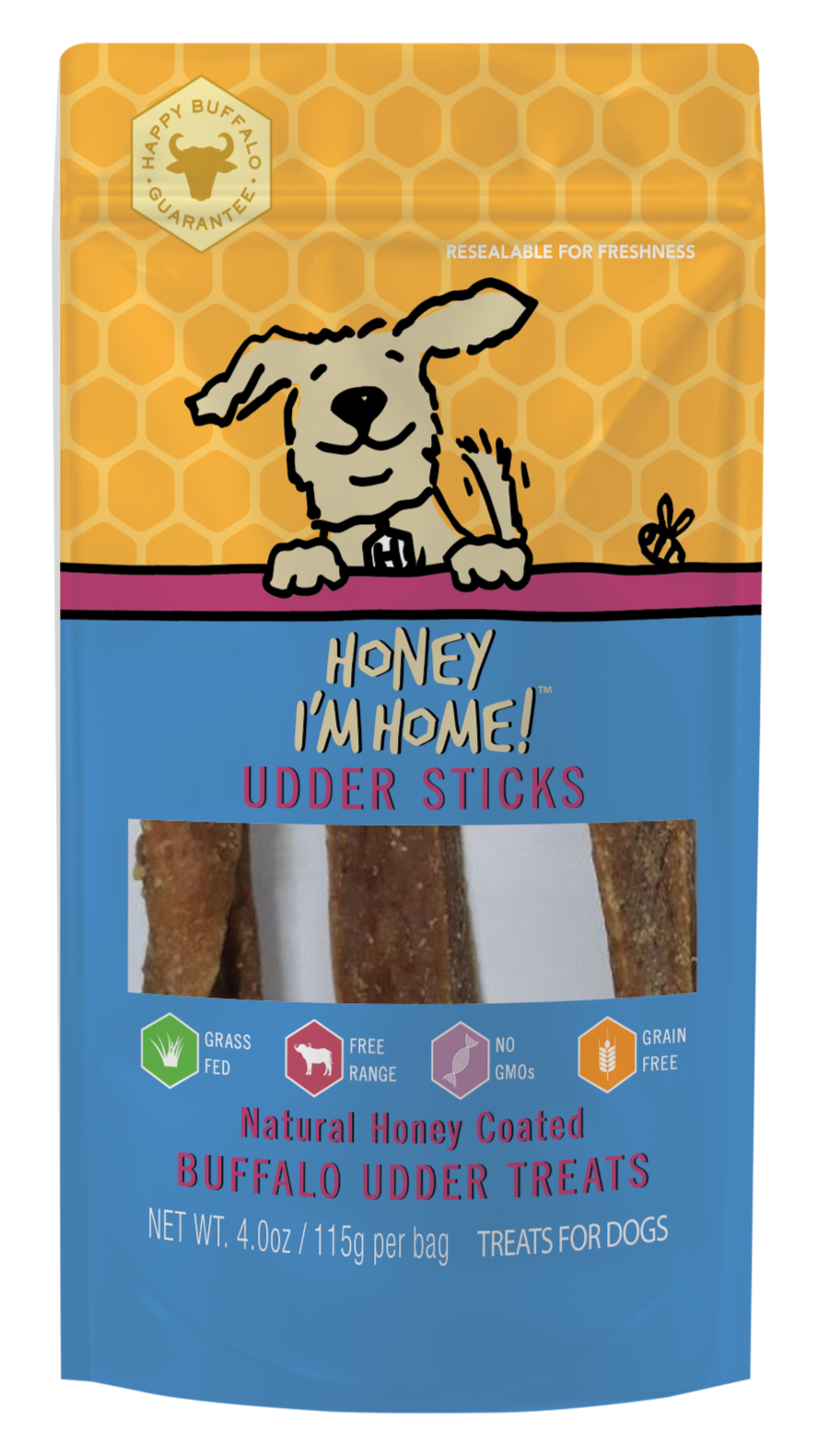 yellow and blue pkg. natural honey coated buffalo udder sticks (4.0 oz)