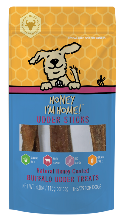 yellow and blue pkg. natural honey coated buffalo udder sticks (4.0 oz)