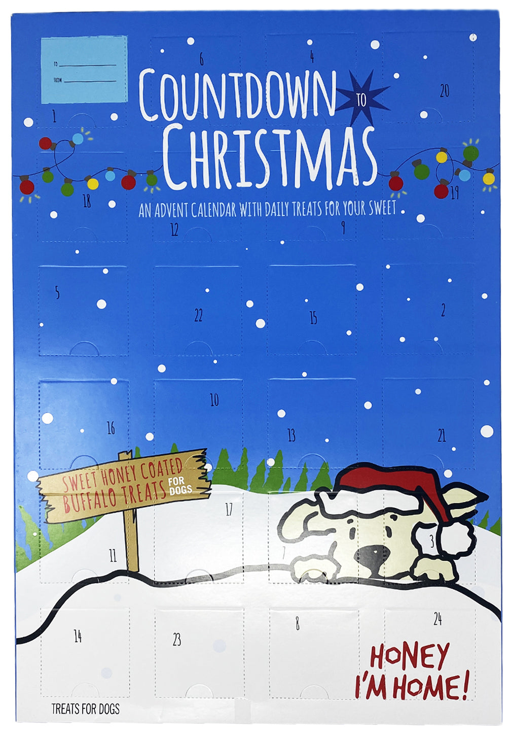 Countdown to Christmas Holiday Advent Calendar front w/ blue sky, snow and white pup w/santa hat.