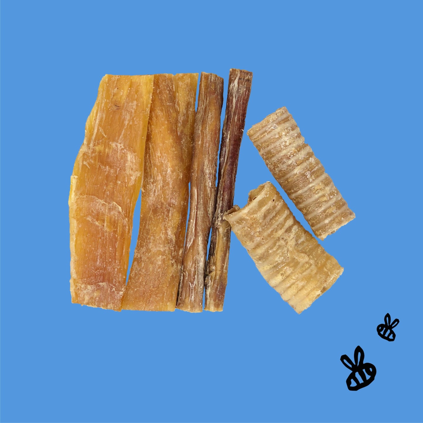 two each, 6" paddywack sticks, 6" bully sticks, trachea tubes on sky blue background